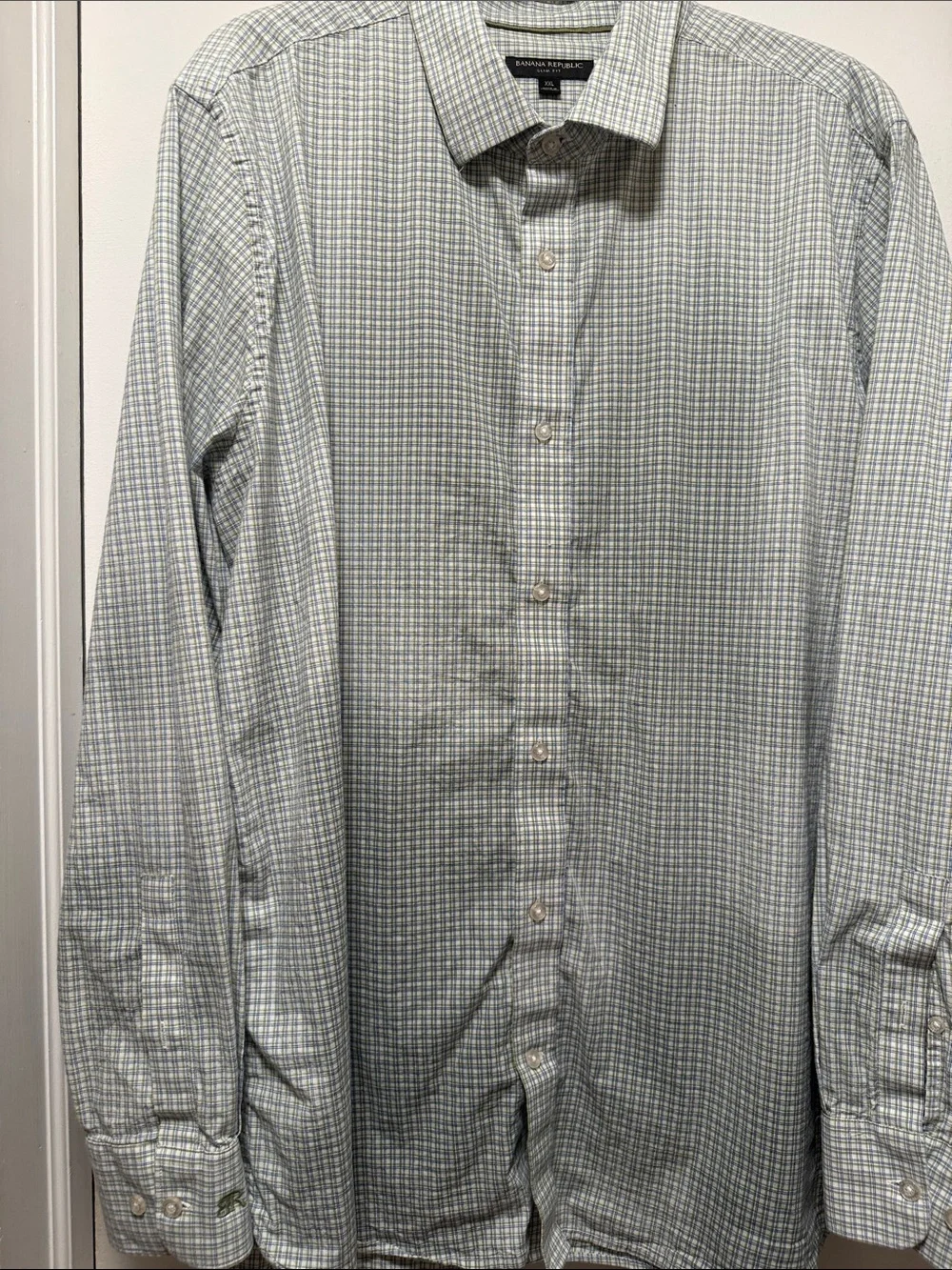 Banana Republic Men's Light Green and White Micro-Plaid Dress Shirt